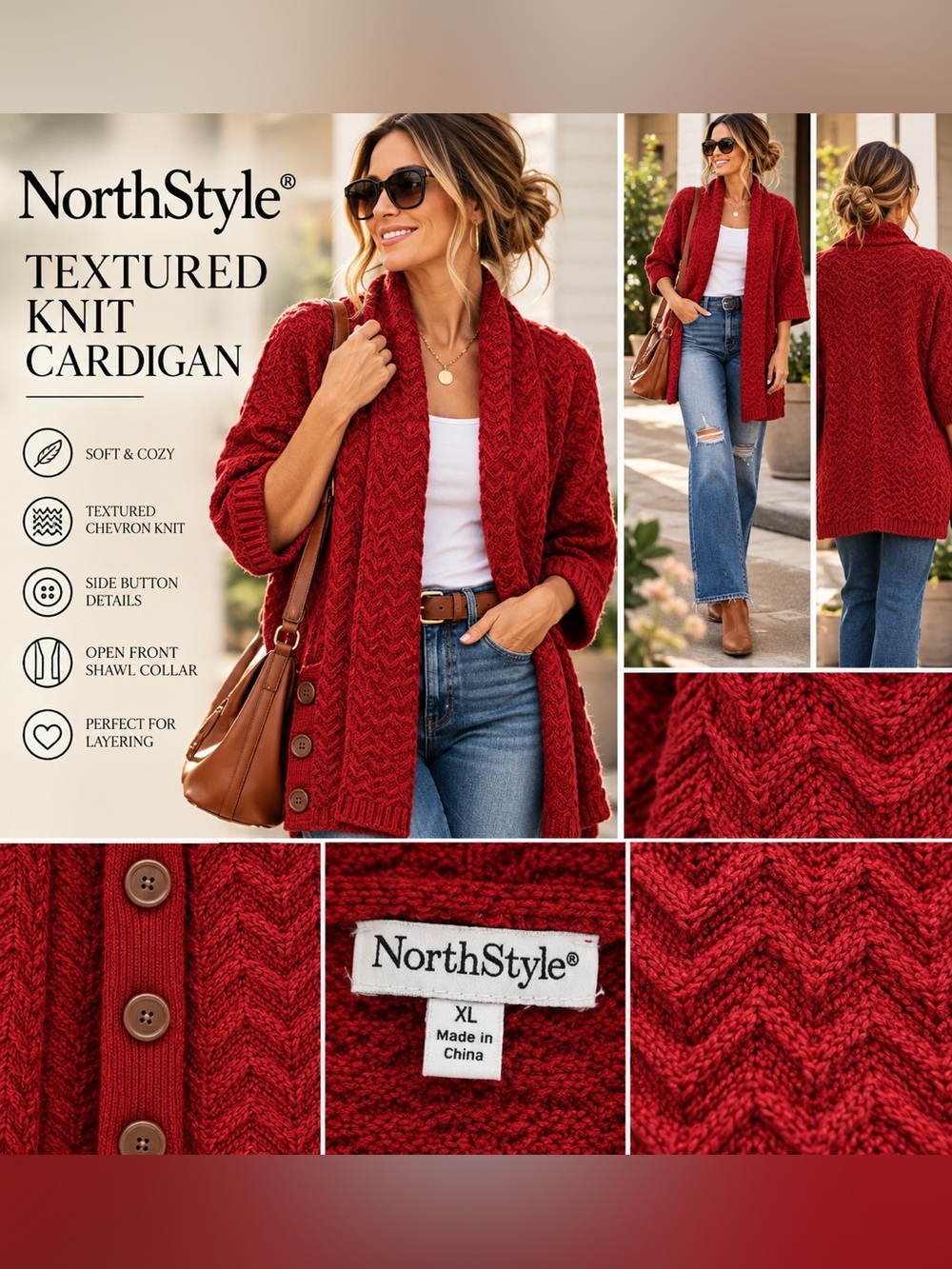 NorthStyle Cranberry Red Chevron Knit Long Cardigan Sweater XL